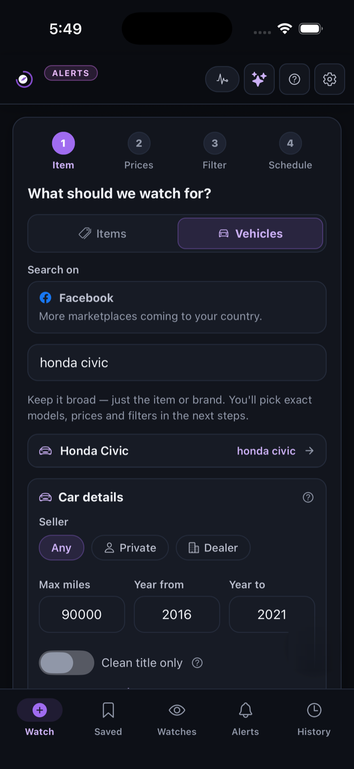 The JDMarket app with your watches running and new-match alerts arriving